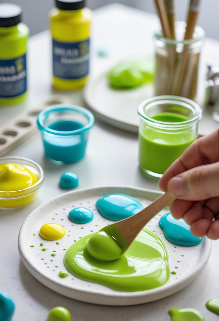 Close-up of an artist mixing yellow and blue paint to create lime green on a palette with paint tubes and brushes in the background.