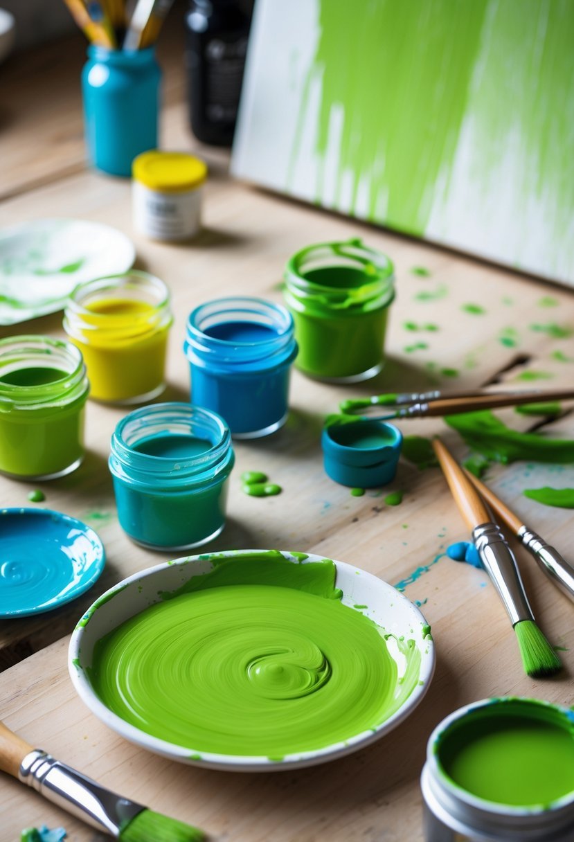 An artist's workspace with jars of yellow and blue paint, a palette mixing lime green paint, and paintbrushes on a wooden table.