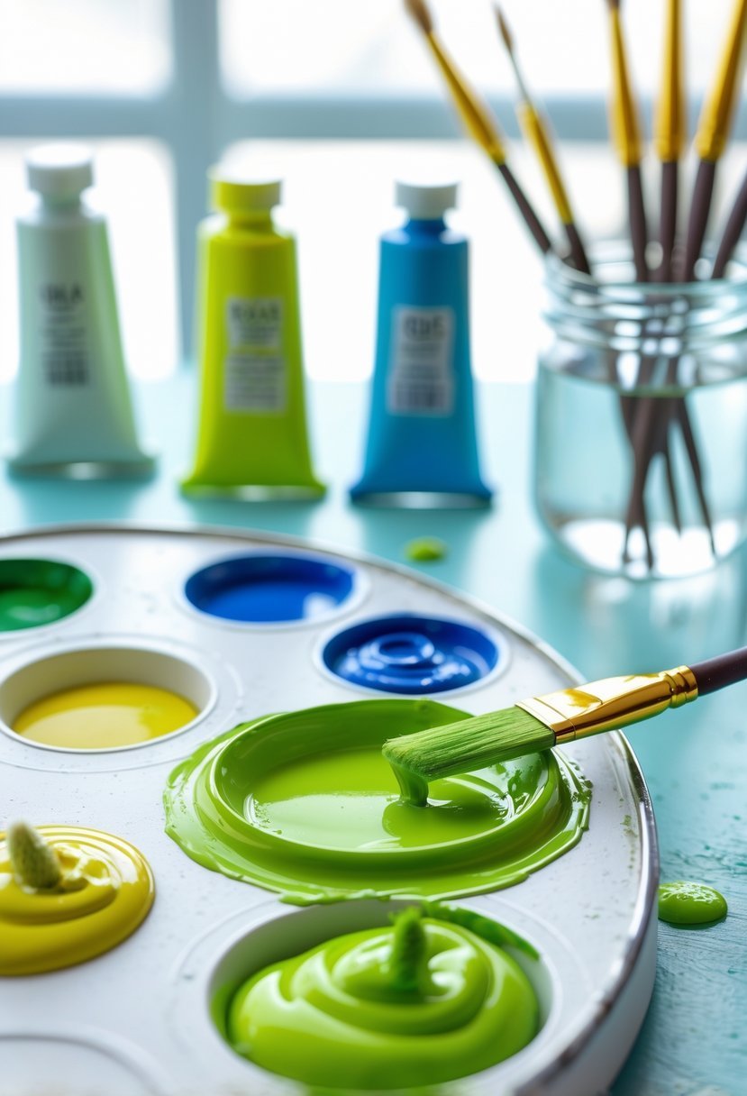 Close-up of an artist's palette with fresh lime green paint, paint tubes, brushes, and a jar of water on a bright studio table.