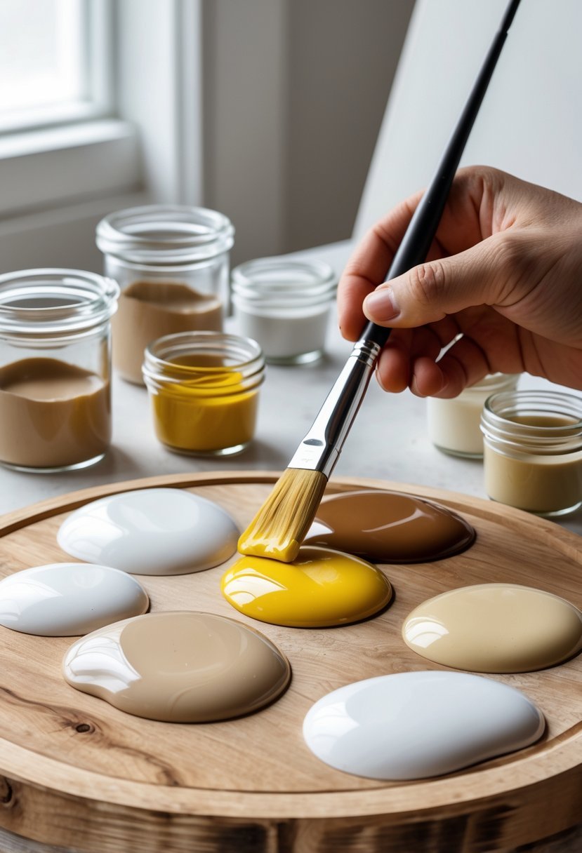 An artist's hand mixing paint colors on a wooden palette to create beige, with paint jars and a blank canvas nearby.