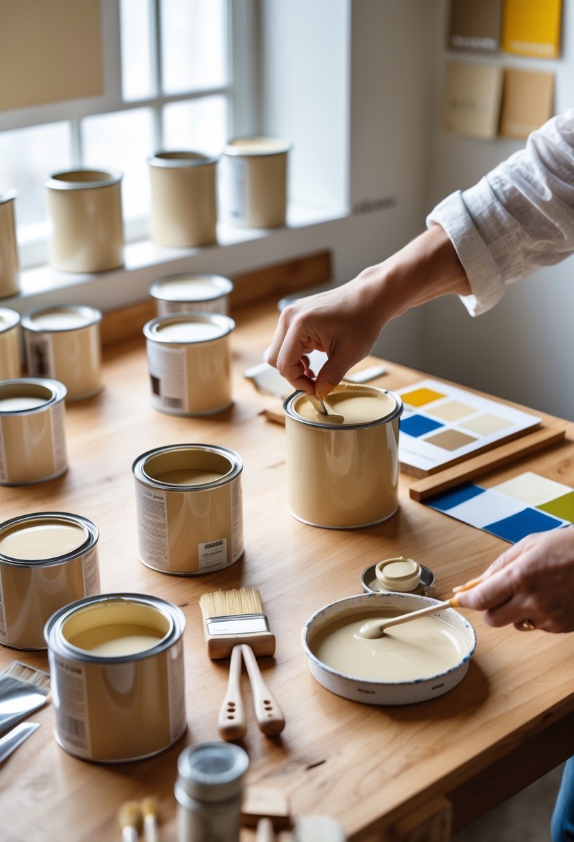 Hands mixing beige paint on a table with paint cans, brushes, and color swatches nearby.