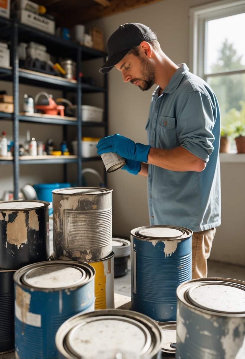 Person inspecting old paint cans in a garage or workshop setting.