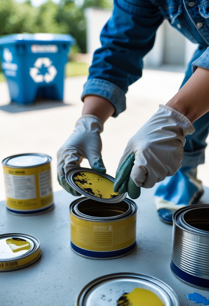 Person wearing gloves preparing old paint cans for safe disposal outdoors with paint cans and a recycling bin nearby.