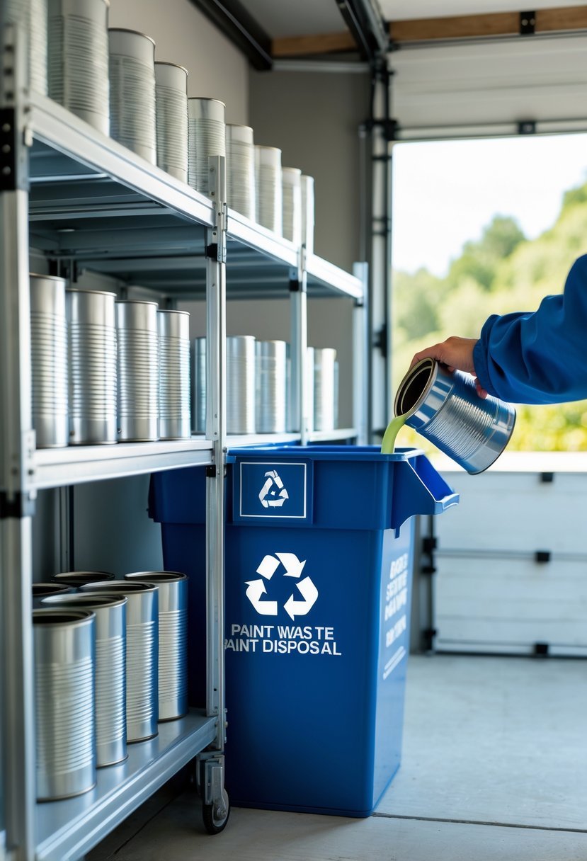 A person pouring paint from a can into a recycling container in a clean, organized storage area with several sealed paint cans on shelves.