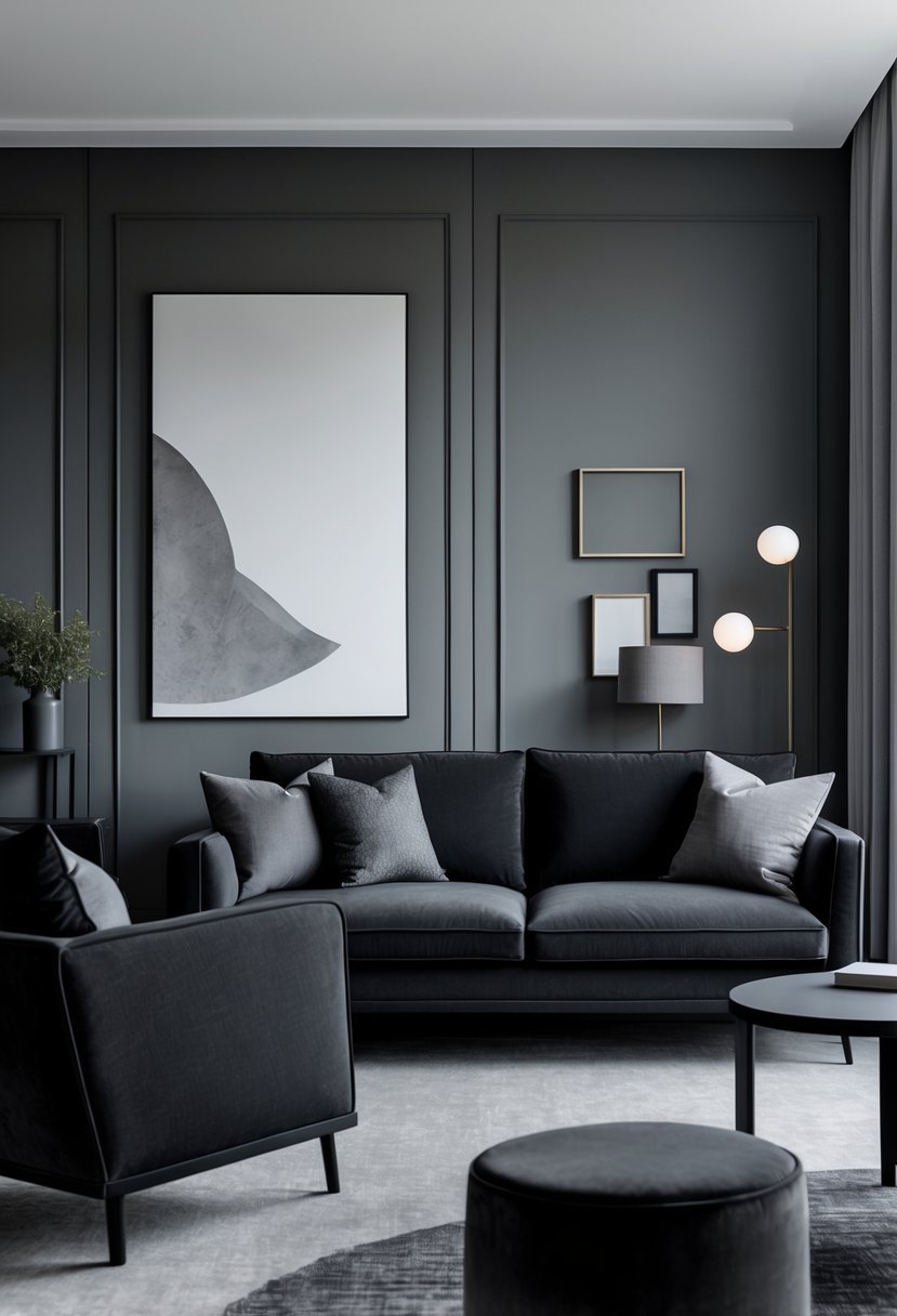 A modern living room with charcoal black furniture and various shades of gray in walls and decor.