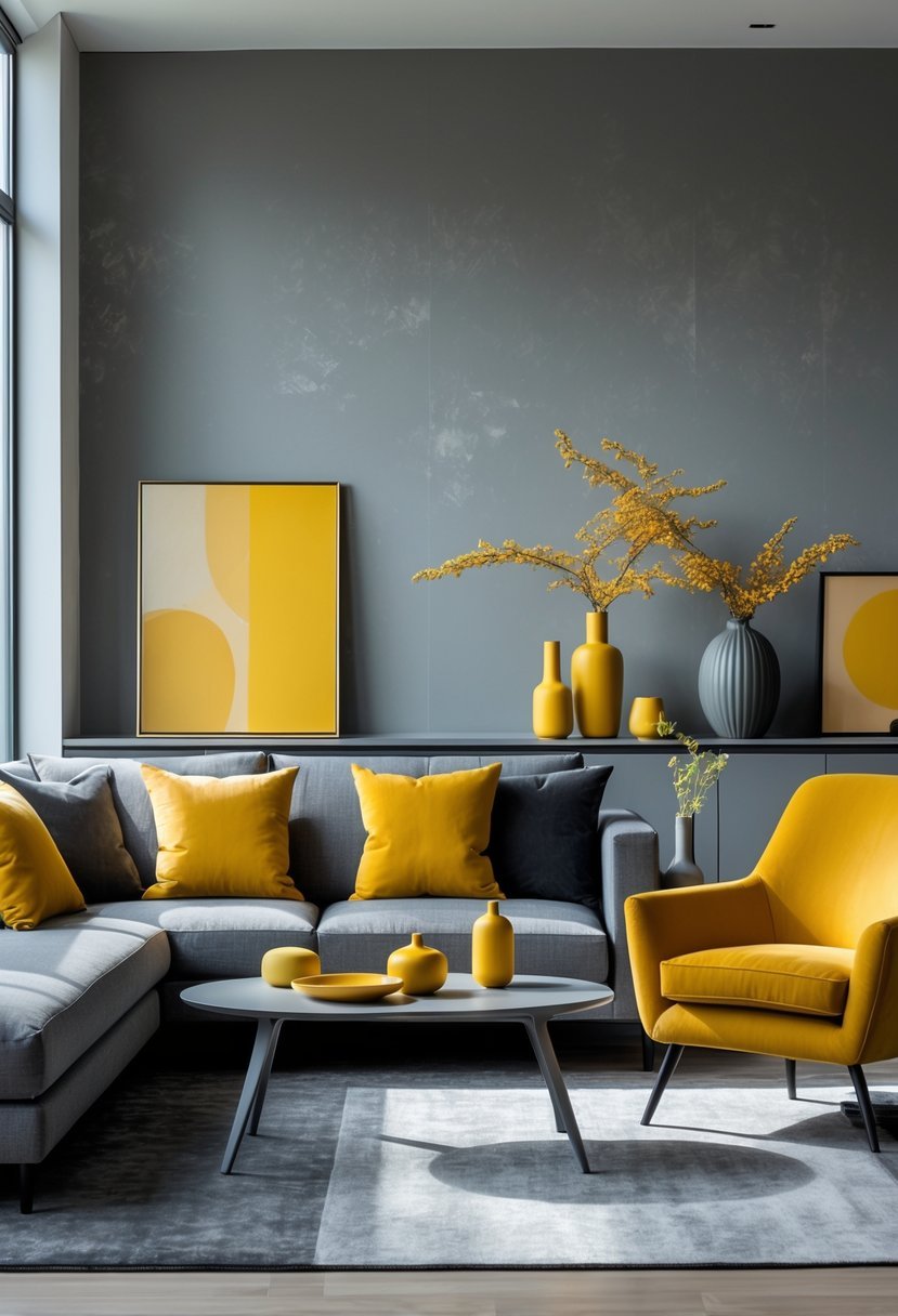 A living room with gray furniture and mustard yellow accents including cushions and a chair.