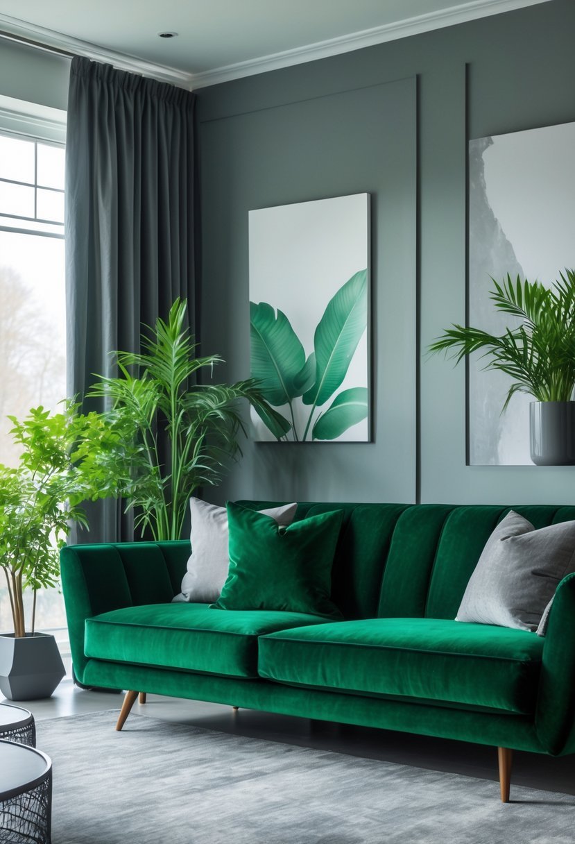 A living room with an emerald green sofa, gray walls, cushions, rug, plants, and curtains arranged together.