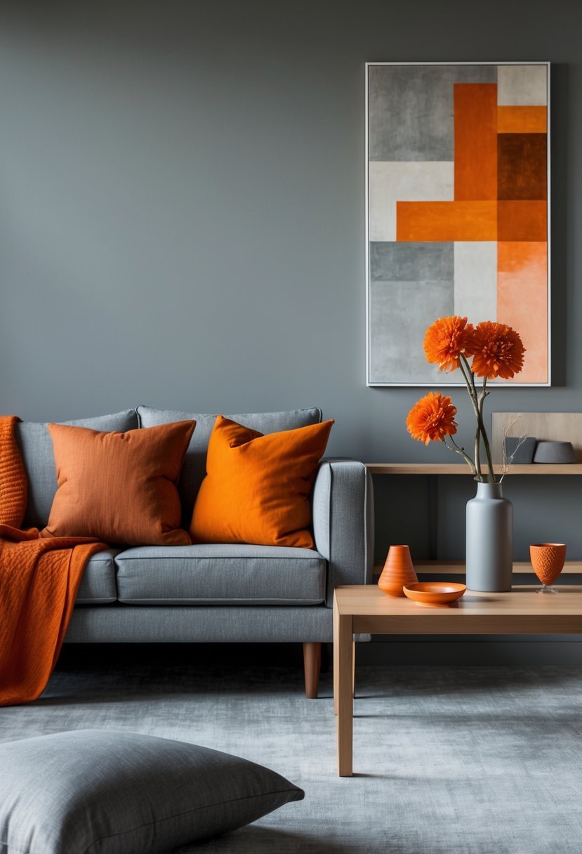 A modern living room with a gray sofa decorated with burnt orange cushions and a wooden coffee table holding burnt orange flowers and gray decor.