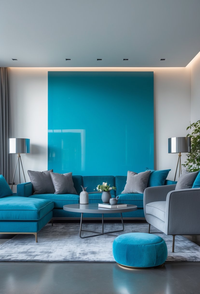 Modern living room with cerulean blue accents and gray furniture in a bright, stylish interior.