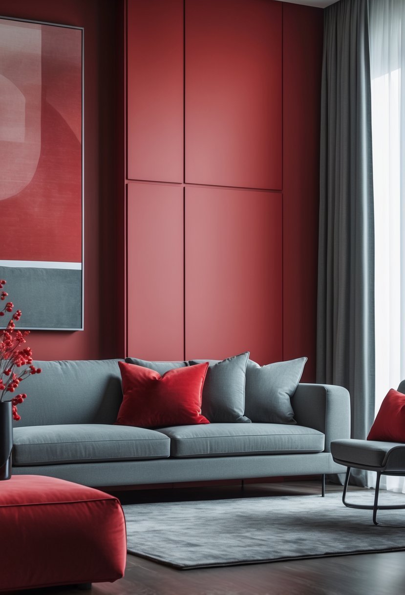 A modern living room with cherry red accents and gray furniture and decor.