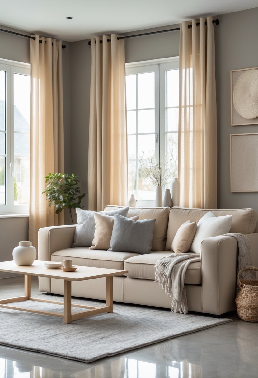 A cozy living room with a beige sofa, gray cushions, a wooden coffee table, and natural light coming through large windows with beige curtains.
