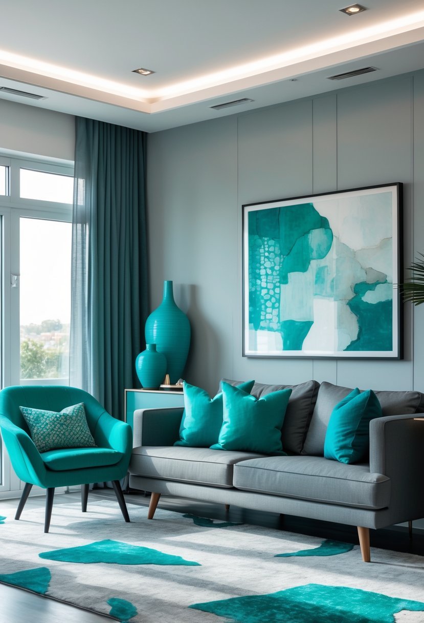A modern living room with gray furniture and teal accents, including pillows, a chair, and decorative items.