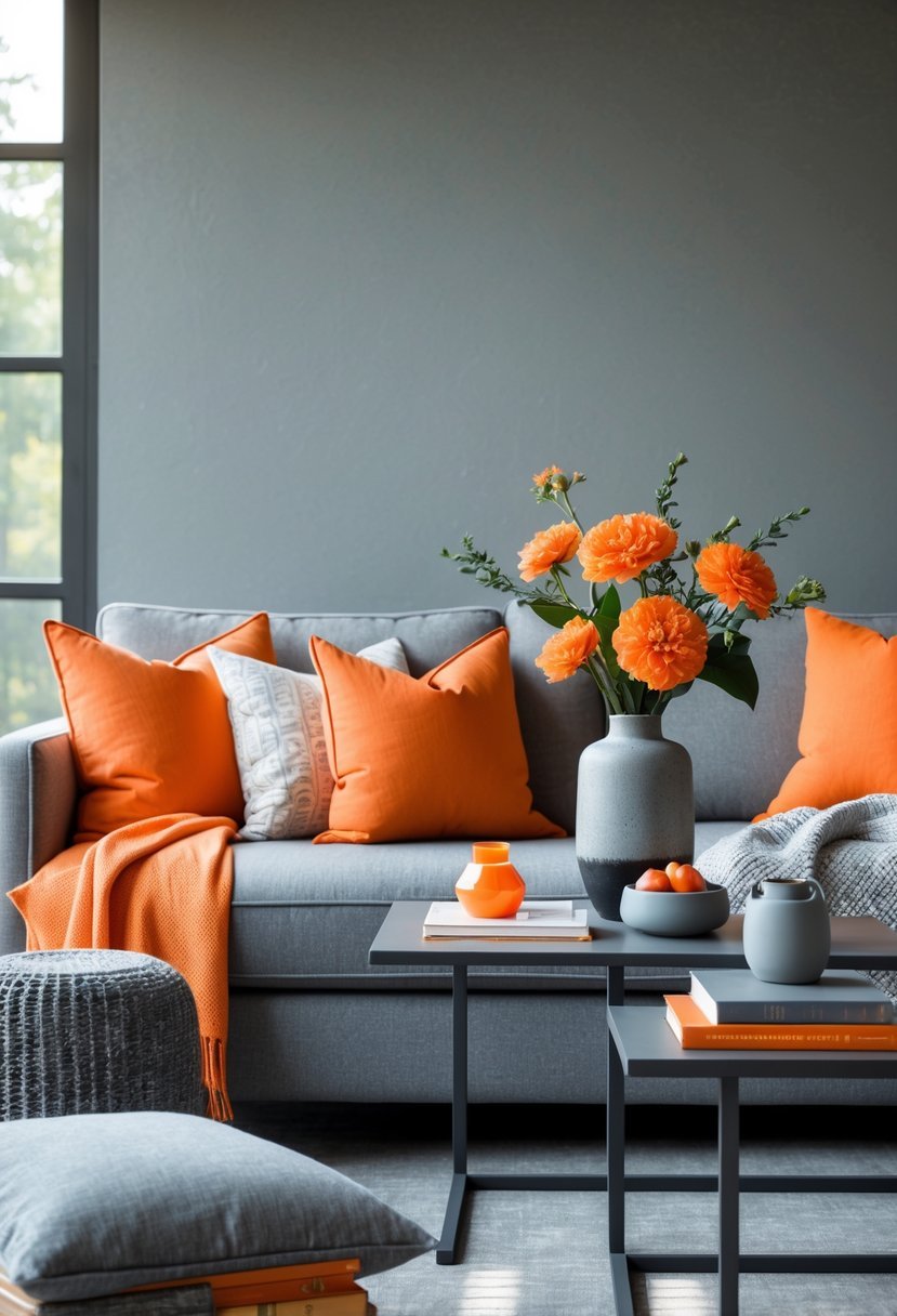 A modern living room with a gray sofa decorated with tangerine cushions, a coffee table with tangerine and gray decorative items, and a gray textured wall in the background.