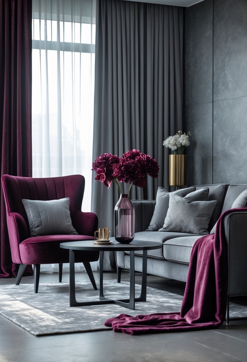 A cozy living room with a burgundy armchair, gray sofa, and burgundy flowers on a coffee table, surrounded by gray walls and curtains.