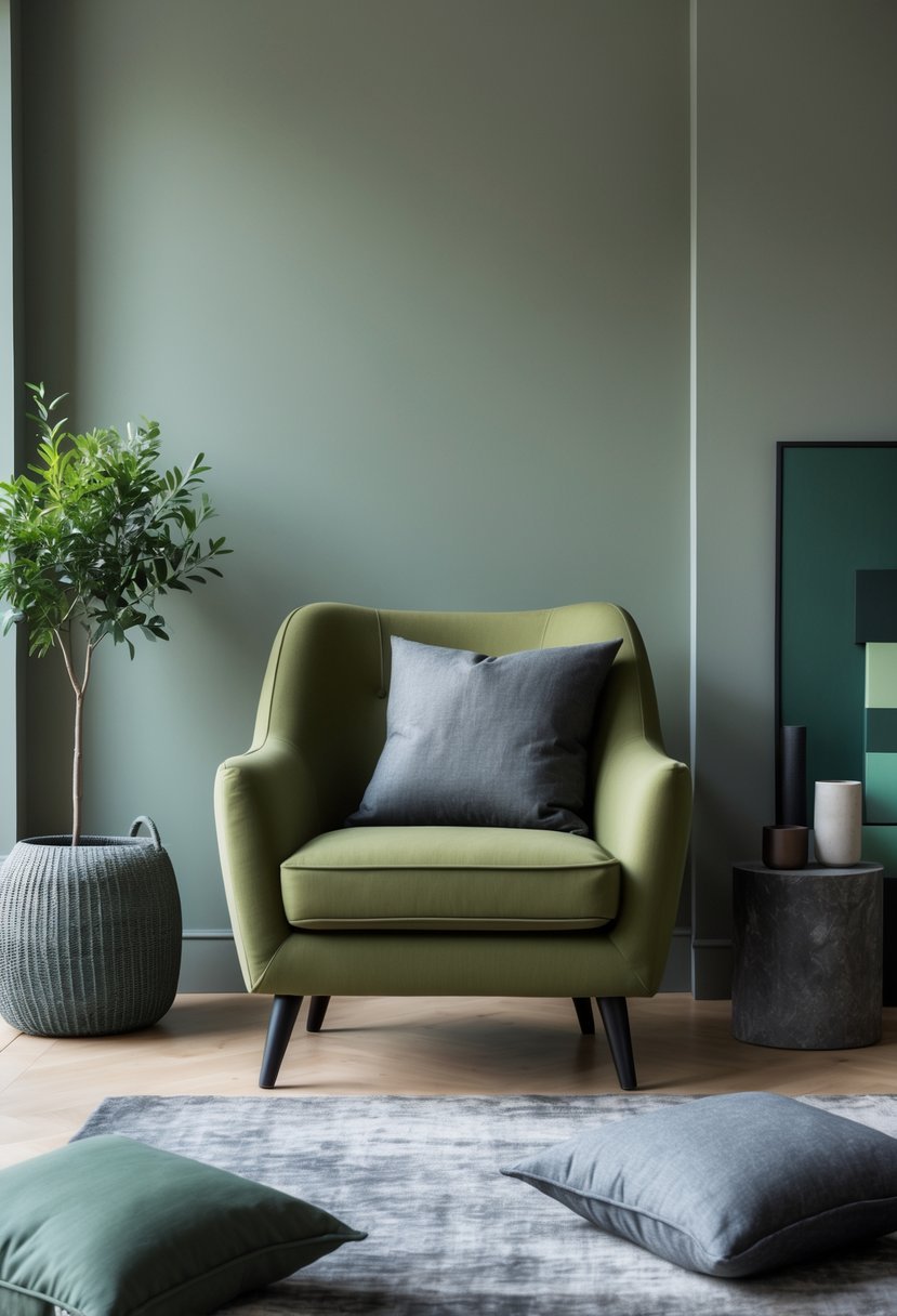 A modern interior with an olive green armchair against a gray wall, surrounded by gray cushions and a gray rug.