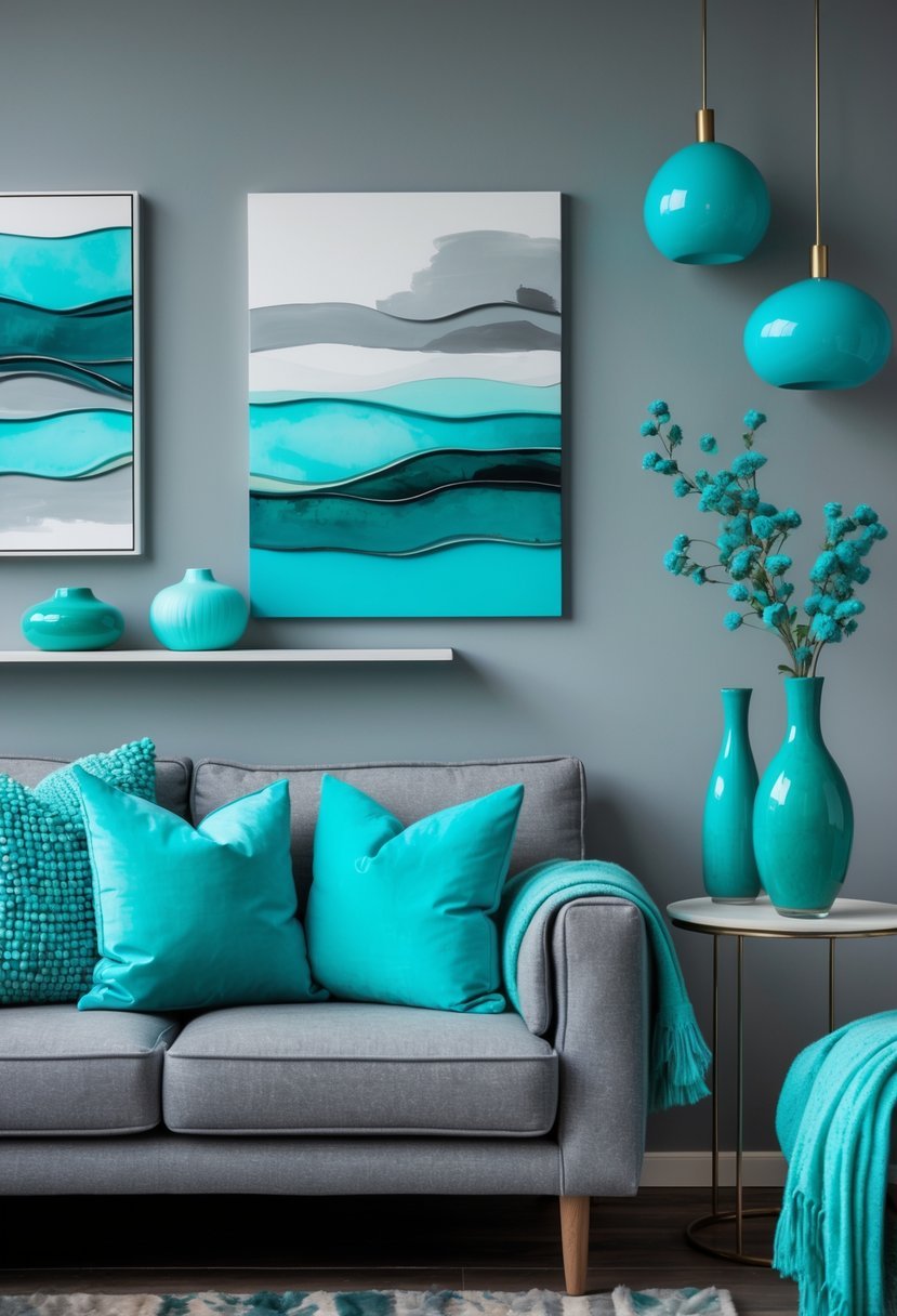 A modern living room with a gray sofa and turquoise cushions, gray walls, and decorative items in turquoise and gray tones.