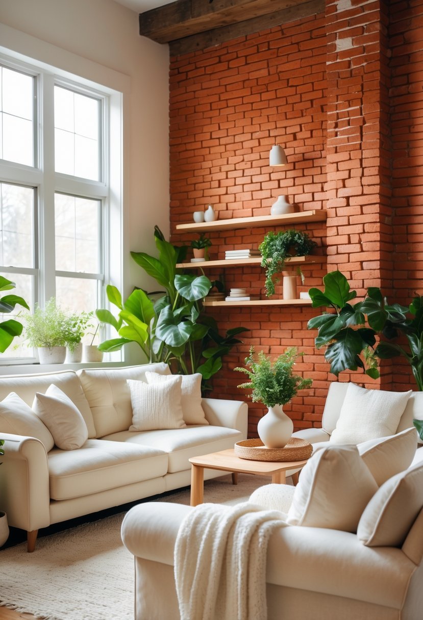 Living room with creamy white furniture and decor against a red brick wall, with natural light and indoor plants.