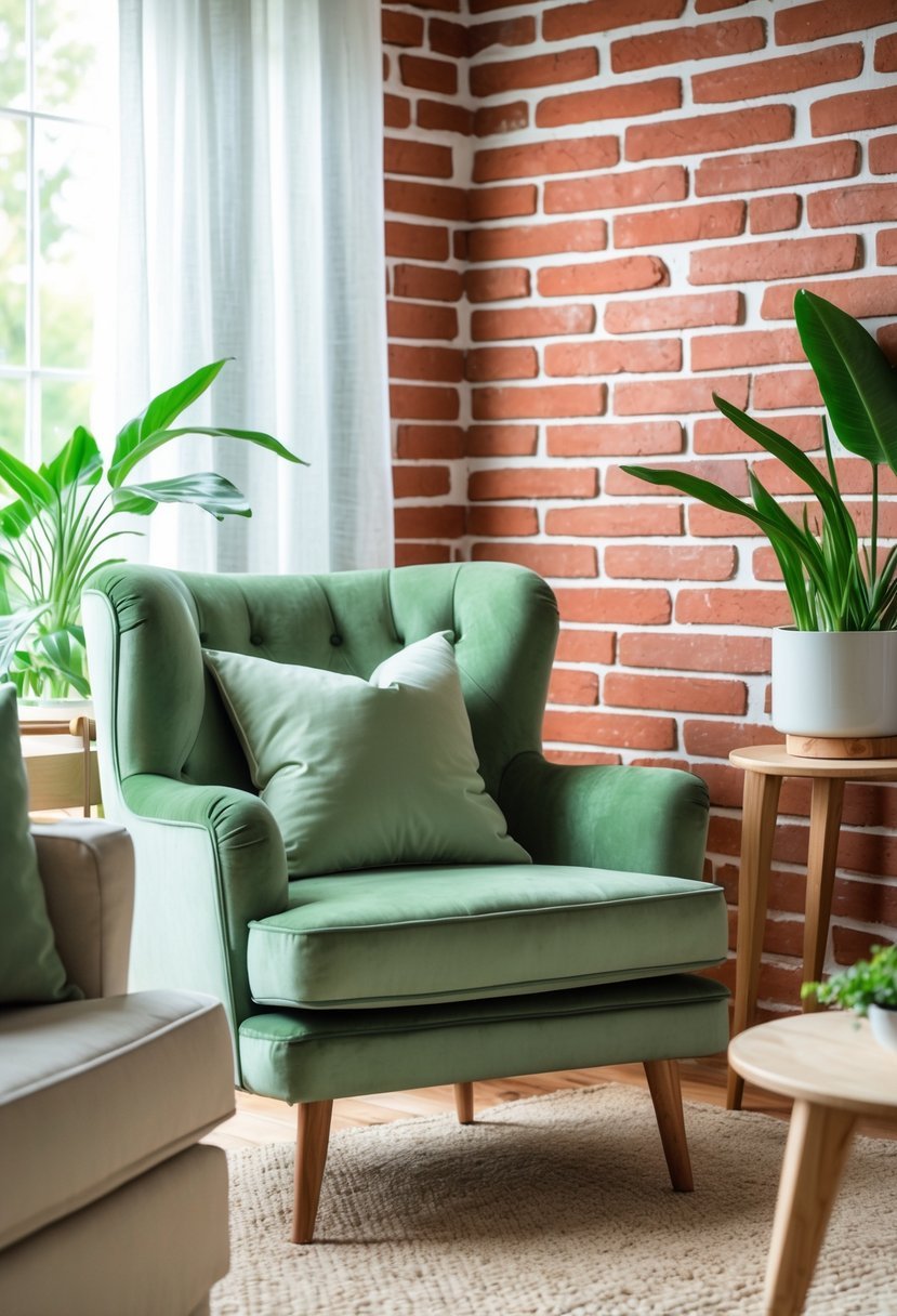 A living room with a red brick wall, a sage green armchair, plants, and natural wood furniture.