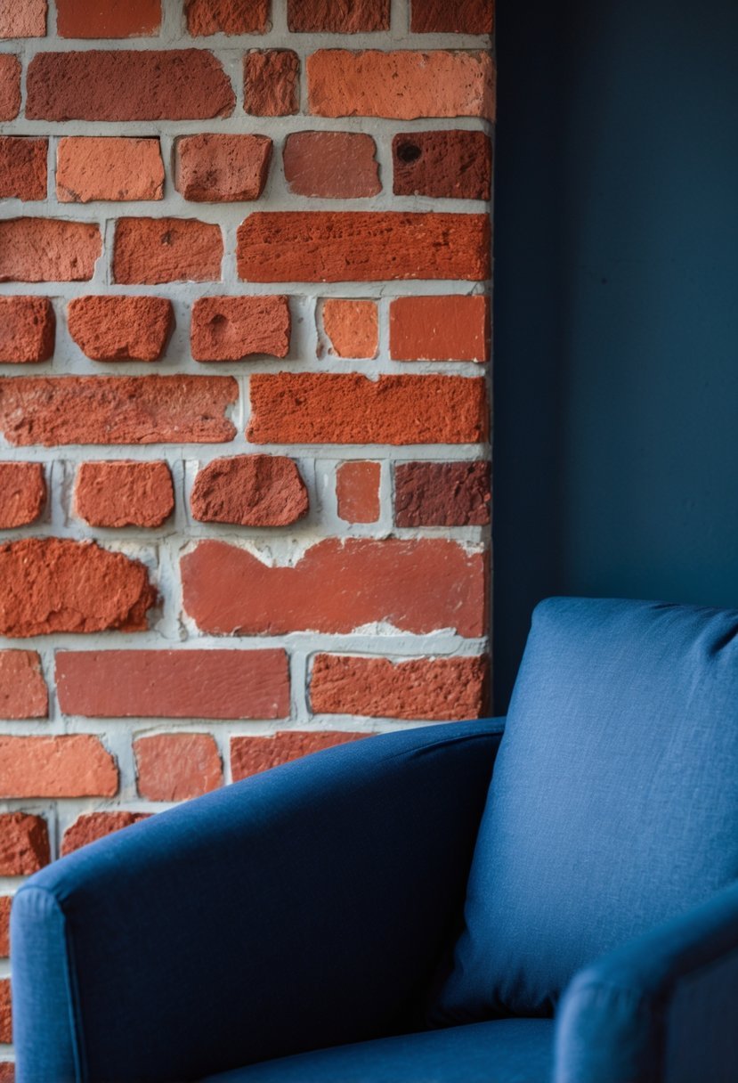 A navy blue armchair placed in front of a red brick wall.