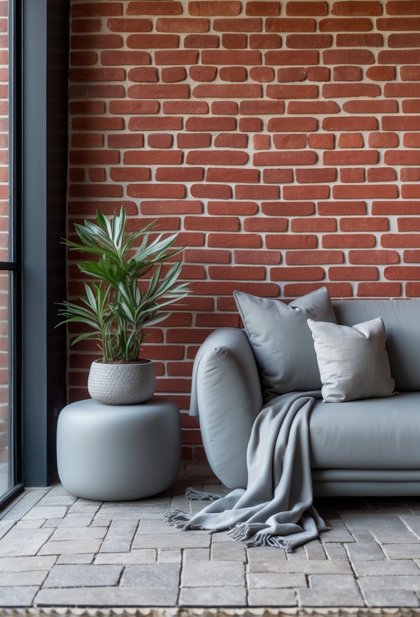 A red brick wall with soft gray furniture and decor arranged nearby.