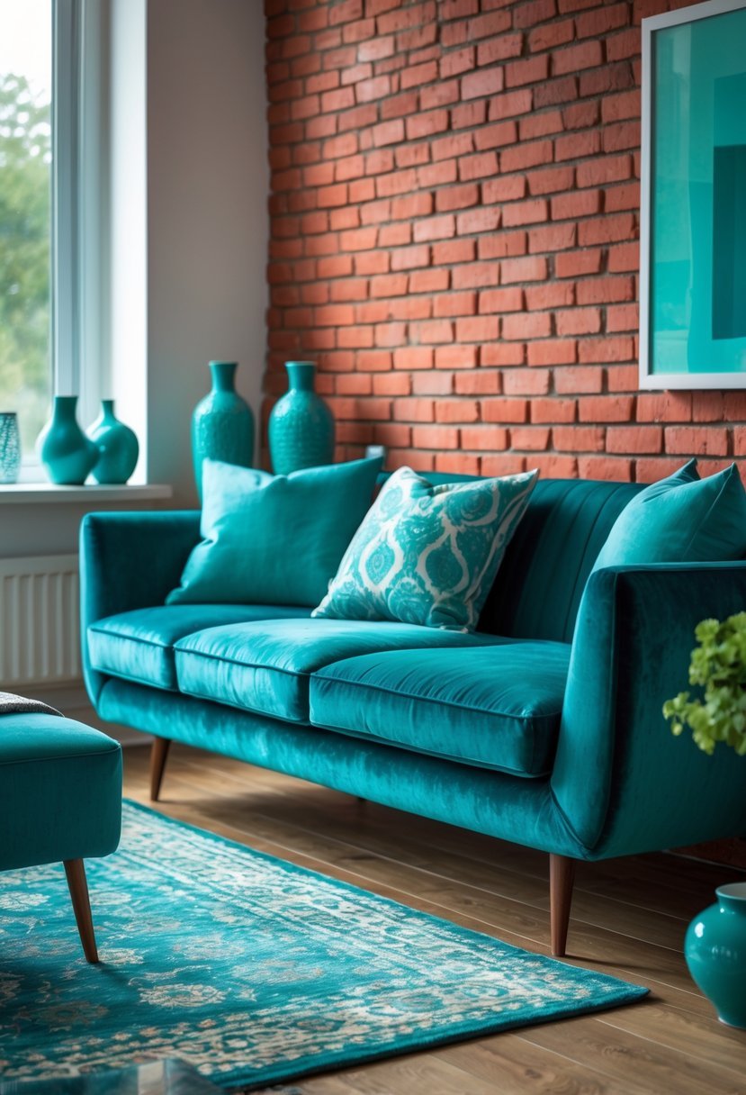 Living room with a red brick wall and teal furniture and decorations.
