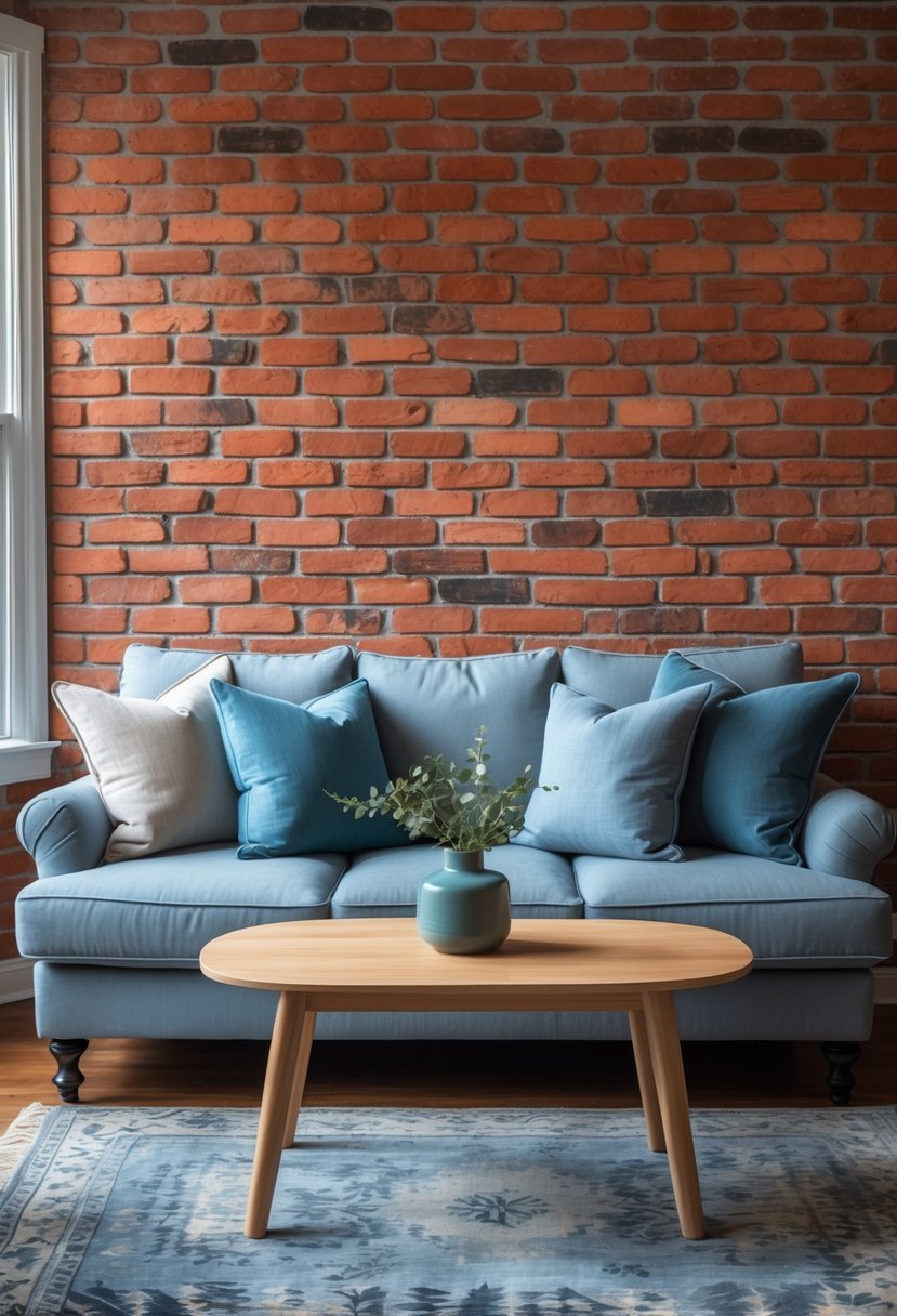 A living room with a red brick wall, a muted blue sofa, a wooden coffee table, and natural light coming through a window.
