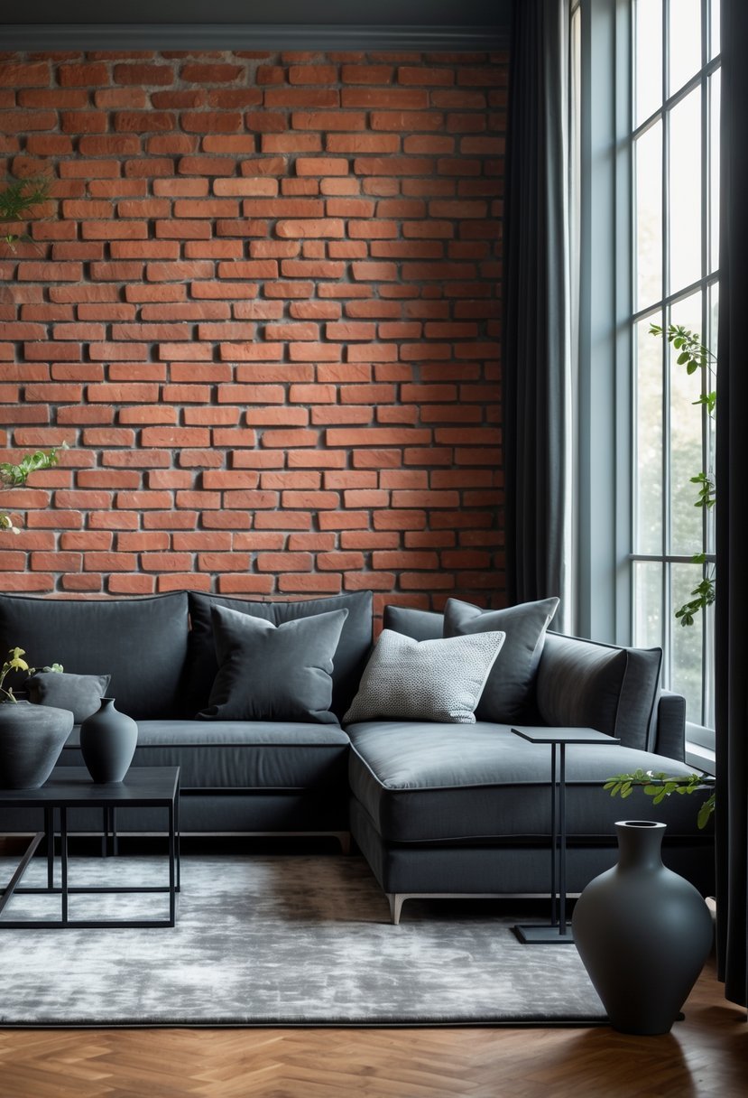 A living room with a red brick wall and charcoal gray furniture including a sofa, cushions, and a rug, lit by natural light.