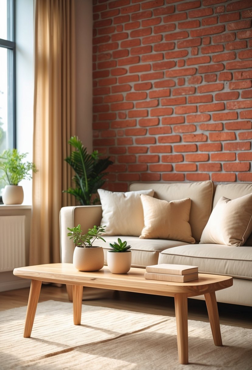 A cozy living room with a red brick wall, beige sofa, wooden coffee table, and natural light coming through a window.