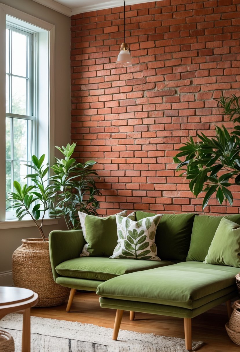 A living room with a red brick wall and olive green furniture including a sofa and plants, illuminated by natural light.