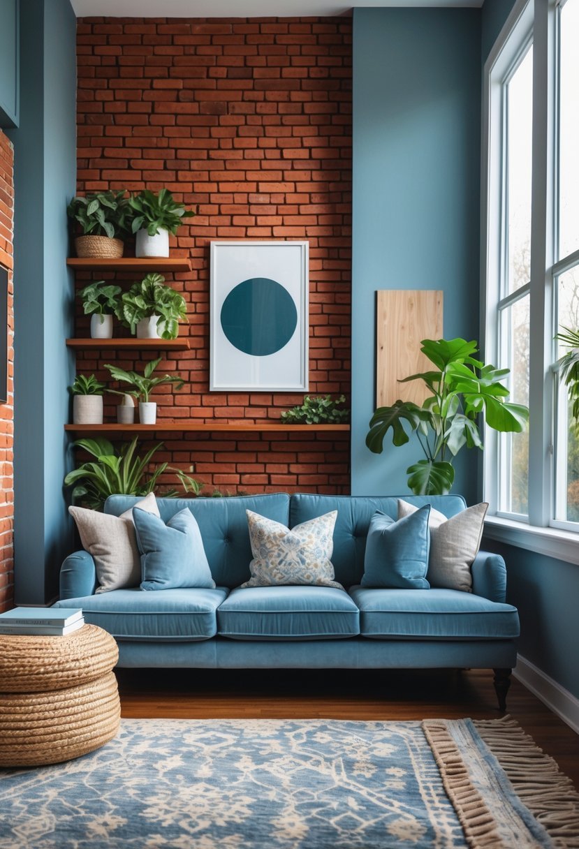 A living room with a red brick wall and dusty blue furniture, decorated with plants and natural light.