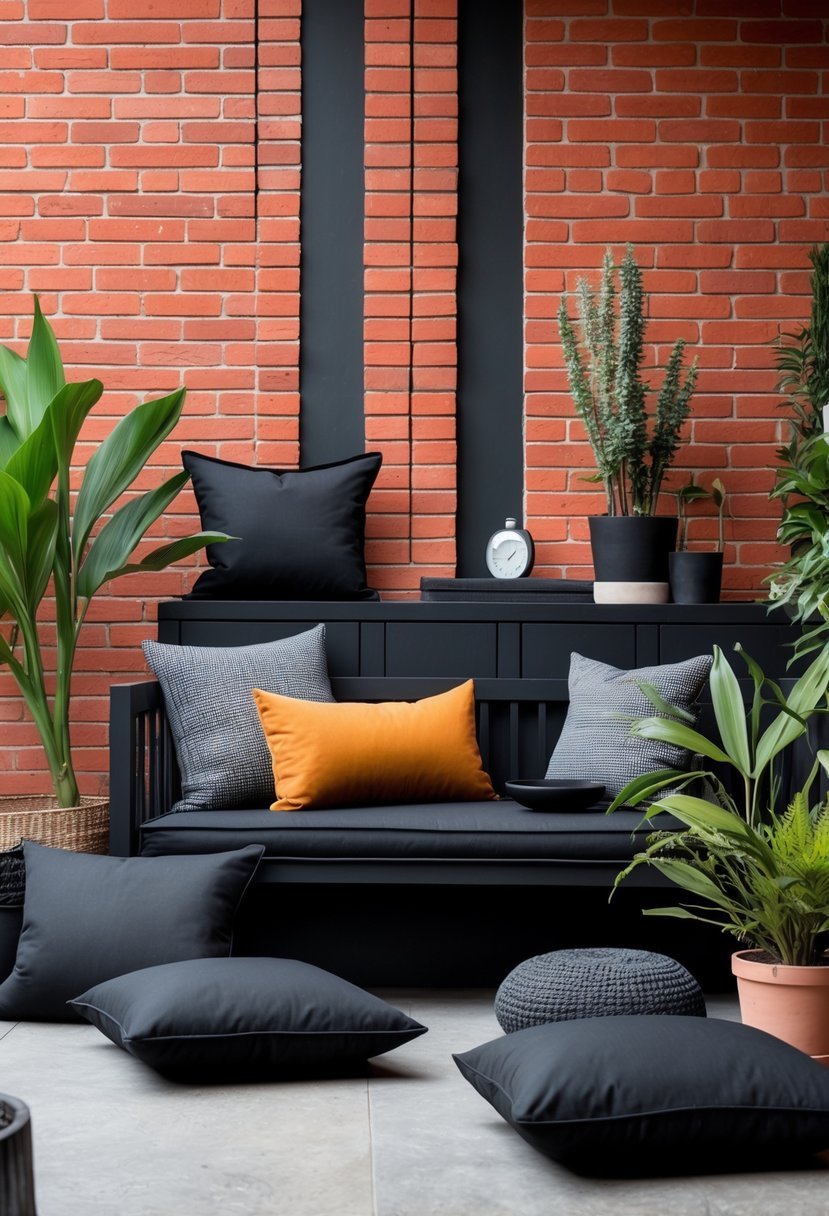 A scene with black furnishings and decor arranged in front of a red brick wall, featuring various colorful accents.