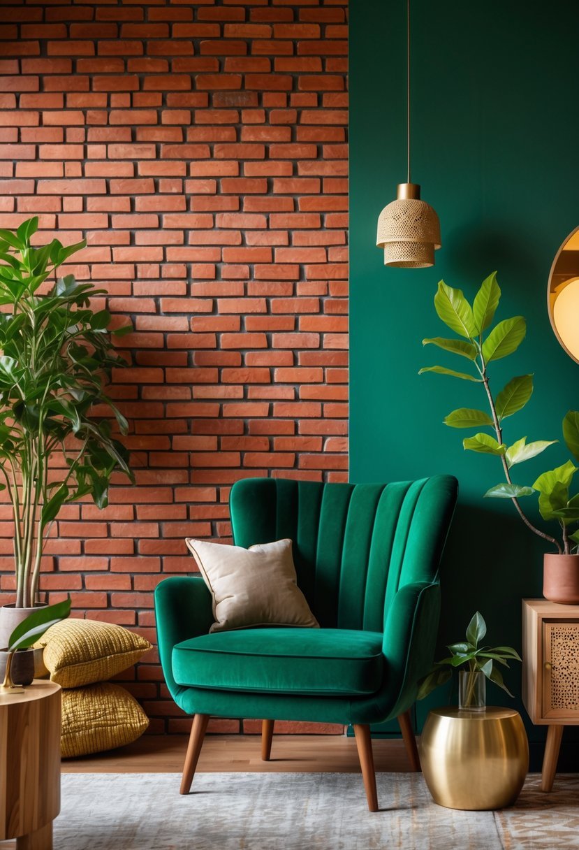 A living room with a hunter green armchair and a red brick wall in the background, decorated with plants and wooden furniture.