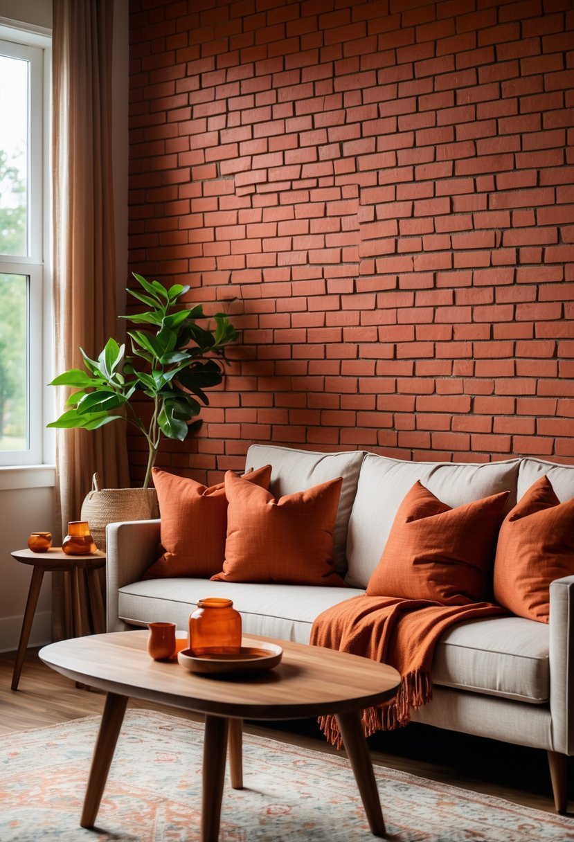 A cozy living room with a red brick wall, rust orange pillows on a sofa, and a wooden coffee table with decorative items.