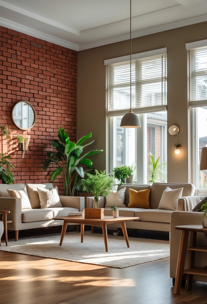 A living room with soft taupe walls and a red brick accent wall, furnished with a beige sofa, wooden coffee table, and plants.