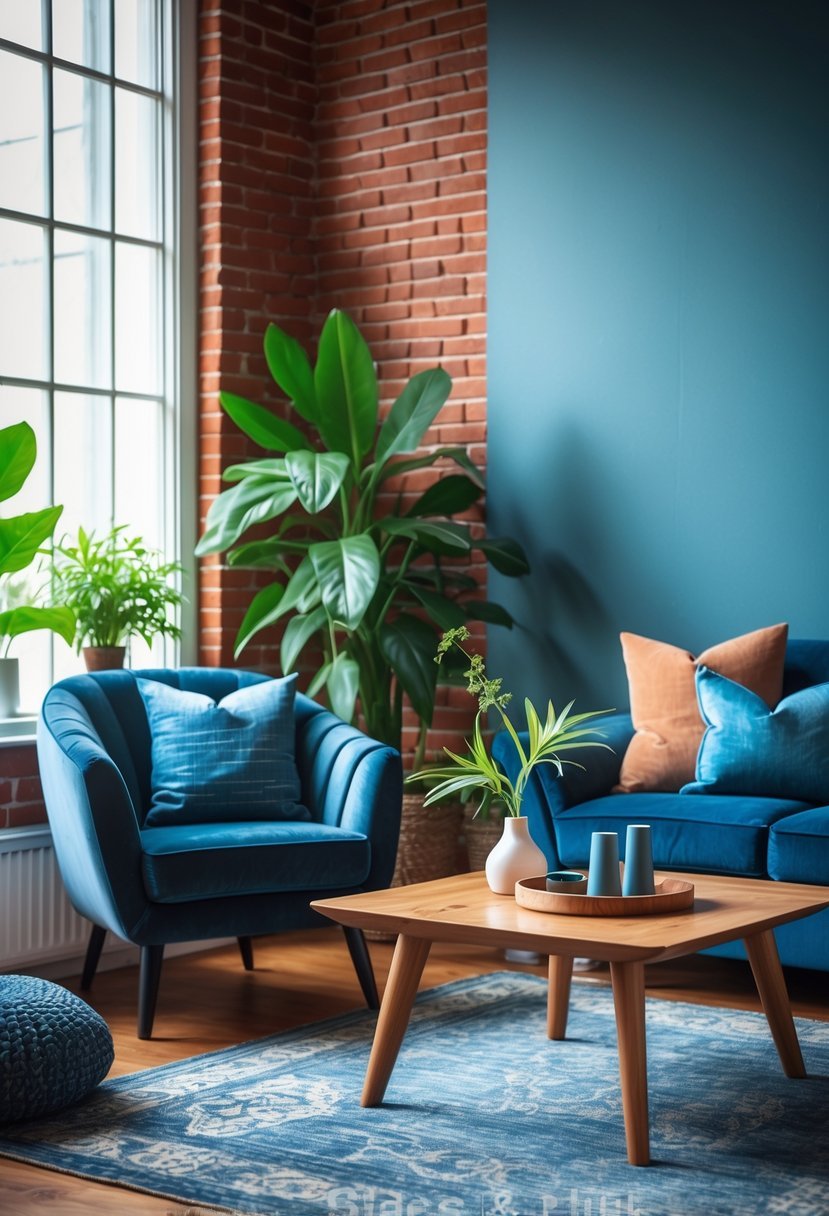 Living room with a red brick wall, slate blue armchair, wooden coffee table, and green plants illuminated by natural light.