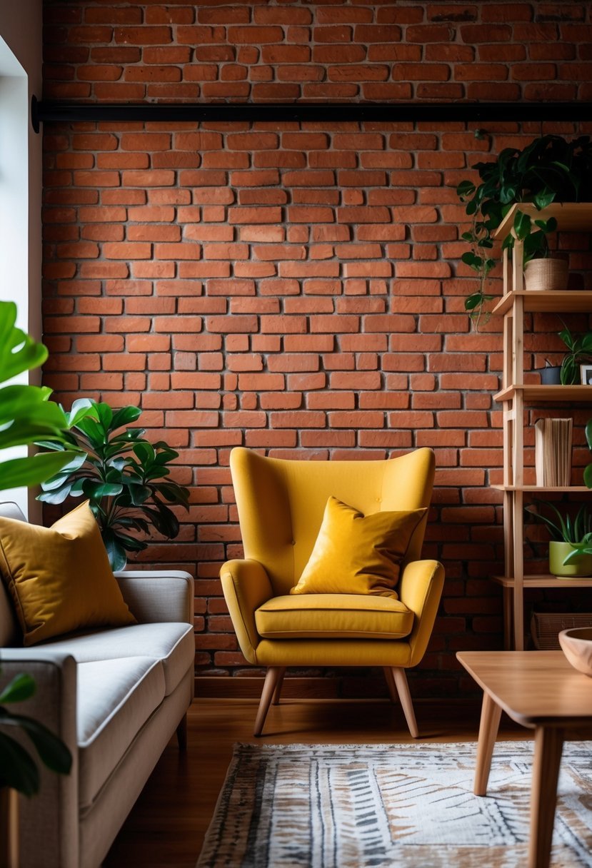 Cozy living room with a red brick wall, a mustard yellow armchair, wooden furniture, and green plants.