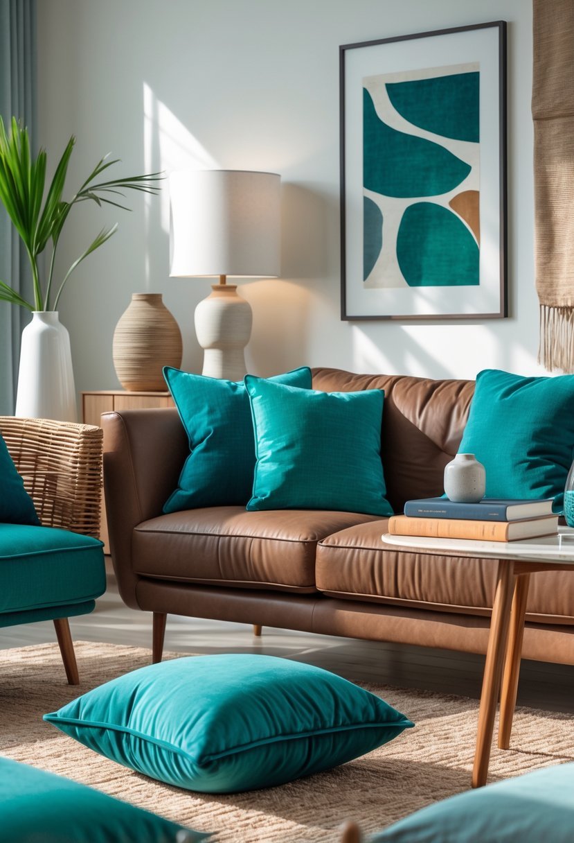 A modern living room with teal cushions and brown wooden furniture arranged together.