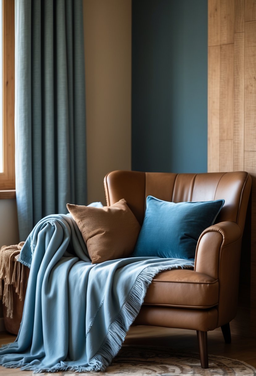 A cozy interior scene with a brown leather armchair, a dusty blue throw blanket, and cushions in brown and blue tones, set against warm wooden textures and beige walls.