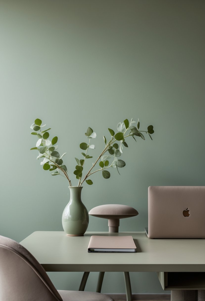 A workspace with a sage green wall and taupe furniture, including a desk and chair, with plants and office items arranged on the desk.