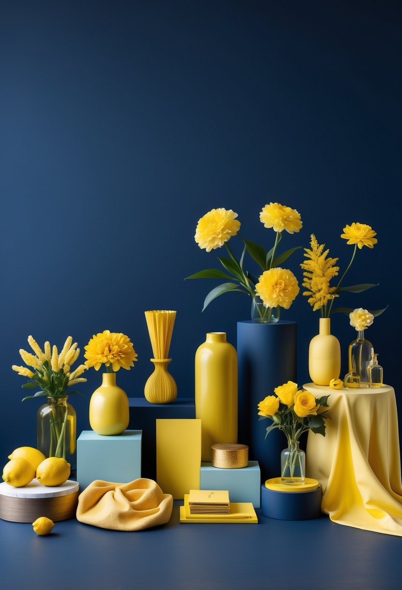 An arrangement of various yellow objects displayed on a navy blue background.