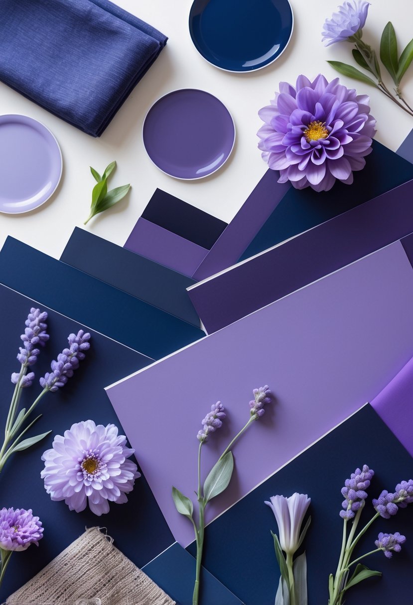 An arrangement of navy blue and various purple color swatches and fabrics displayed together to show complementary colors.
