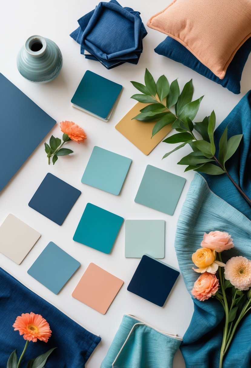 An arrangement of 18 color samples and decorative items including turquoise and navy blue on a white background.