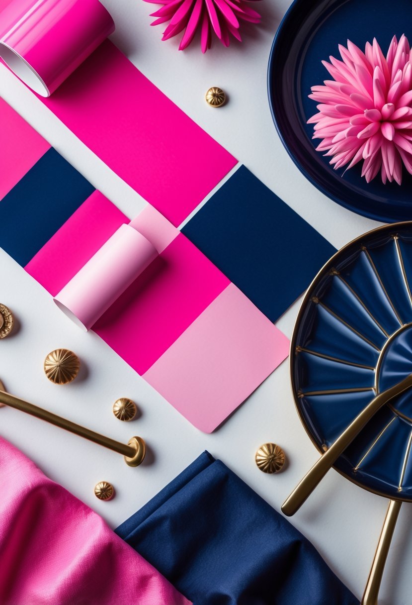 A collection of fabric swatches and paint chips in hot pink and navy blue arranged together on a clean surface.