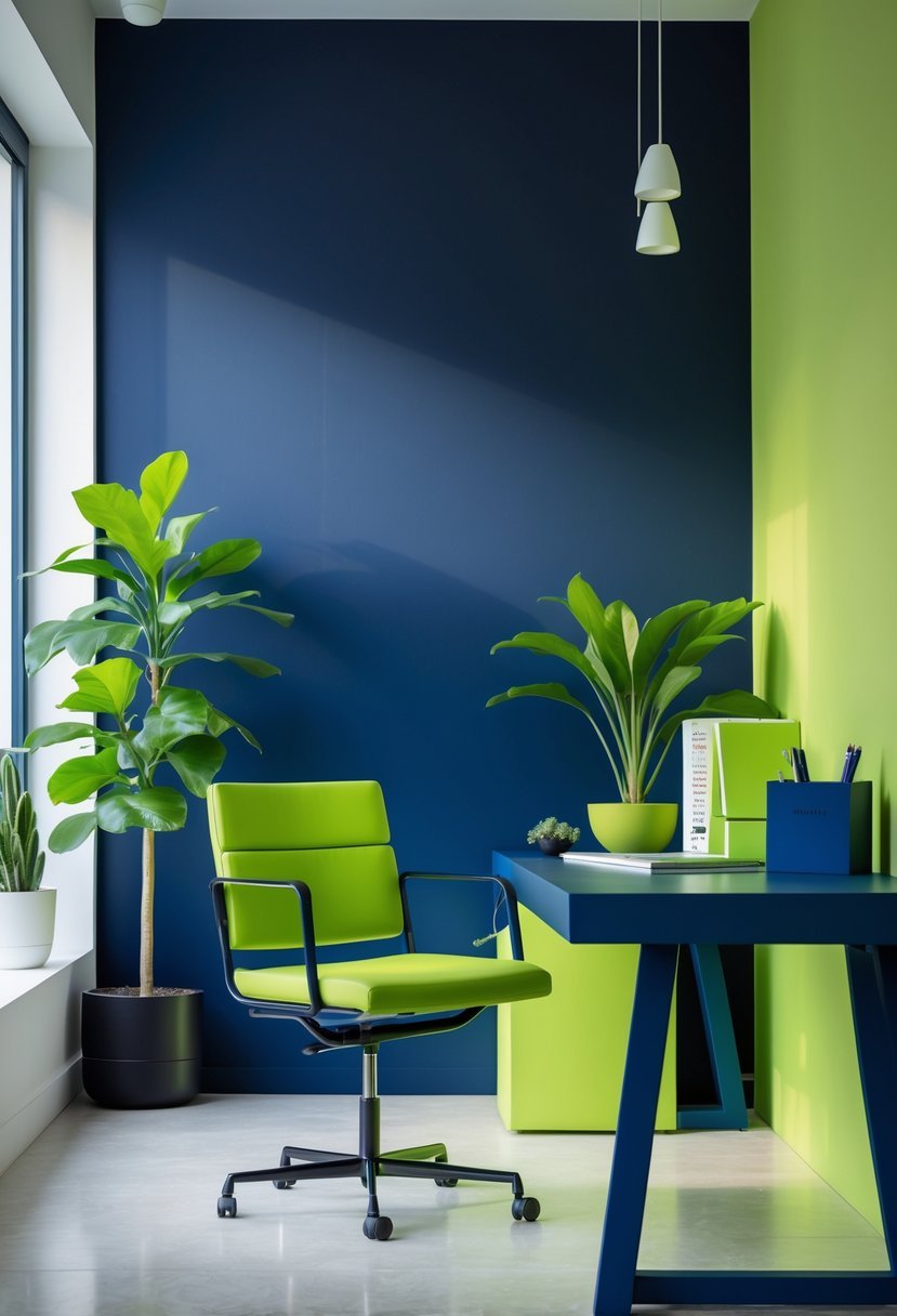 A workspace featuring navy blue furniture and bright lime green decorative items arranged together.