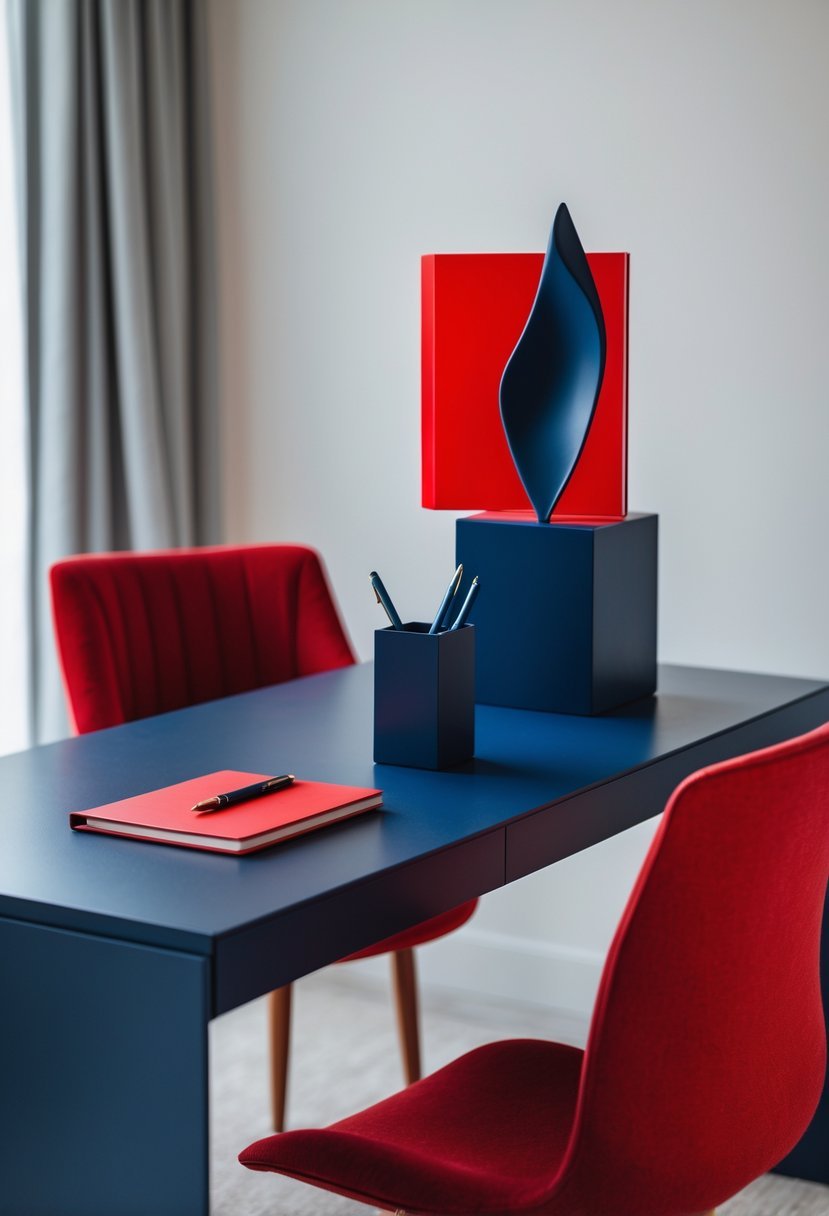 A modern workspace with a navy blue desk and a red chair, featuring red and navy blue office accessories arranged neatly on the desk.