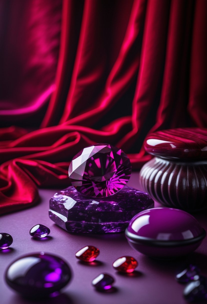 An arrangement of deep red and purple fabrics and objects with soft lighting highlighting their rich colors.