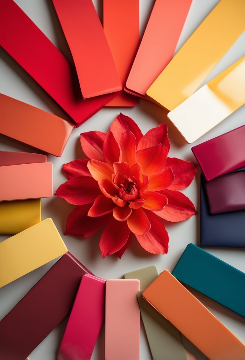 An arrangement of 17 color swatches featuring red and orange tones along with complementary colors on a neutral background.