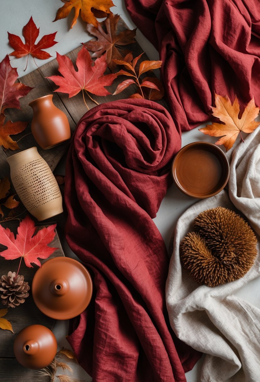 An arrangement of red and brown natural materials including fabrics, wood, pottery, and autumn leaves placed together on a neutral background.