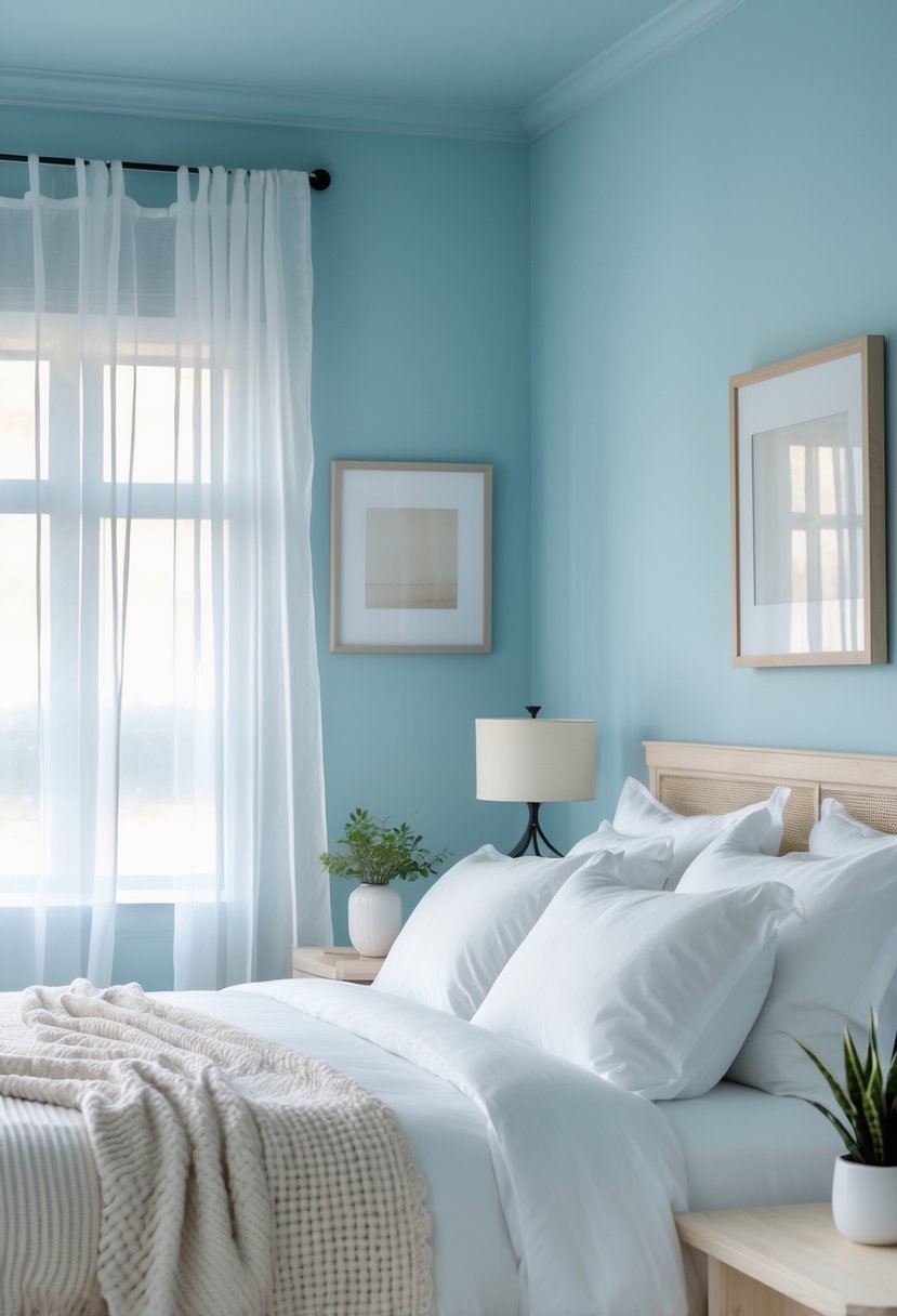 A guest bedroom with soft blue walls, a neatly made bed with white linens, a bedside table with a plant and lamp, and natural light coming through sheer curtains.