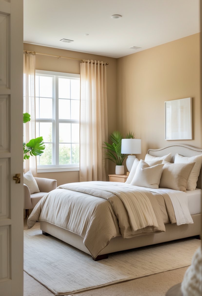 A guest bedroom with warm beige walls, a bed with neutral bedding, a nightstand with a lamp, an armchair, and plants near a window with natural light.